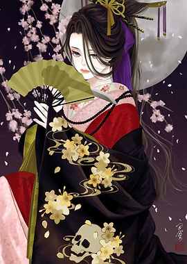 Geisha with Fan and Skull Kimono