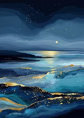 Abstract Blue and Gold Seascape Painting