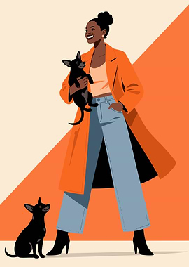Woman with dogs in orange coat