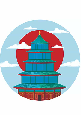 Asian Pagoda with Red Sun