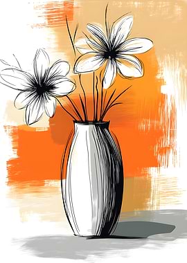 Floral Vase Sketch with Orange Background