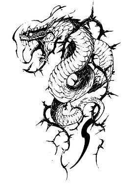 Dragon entwined with thorns, black and white