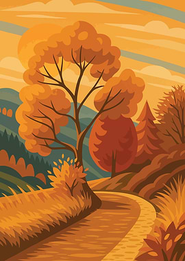 Autumn Landscape with Winding Road