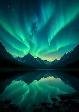 Aurora Borealis over Mountain Lake