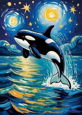 Moonlit Ocean An Orca’s Leap Under the Starry Sky Van Gogh Style Art
