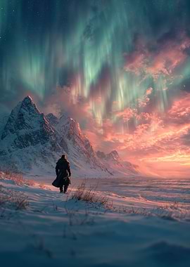 Winter Wanderer Under Aurora Borealis