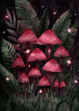 Watercolor Red Mushrooms in Forest