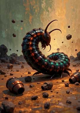 Giant Metallic Centipede in Alien Landscape