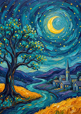 Dreamlike Village Painting with Moonlit Sky