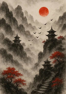 Japanese Landscape with Pagodas and Birds