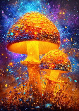 Psychedelic Glowing Mushrooms in a Cosmic Landscape