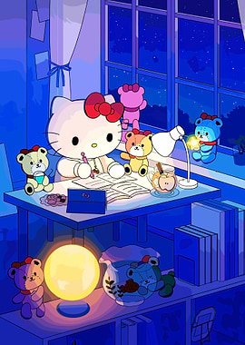 Hello Kitty Studying with Teddy Bears