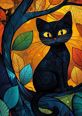 Black Cat in Autumn Leaves