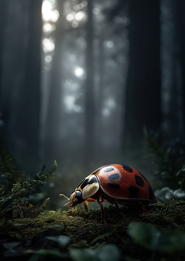 Ladybug in a Misty Forest