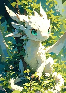 Cute White Dragon in Lush Forest