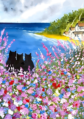 Cats by the Sea Painting