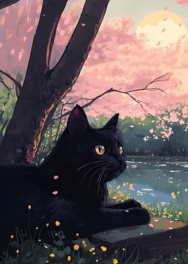 Black Cat in Cherry Blossom Garden