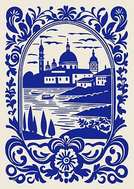 Blue and White Landscape Illustration