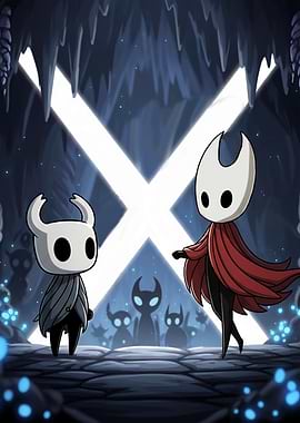 Hollow Knight characters in a cave