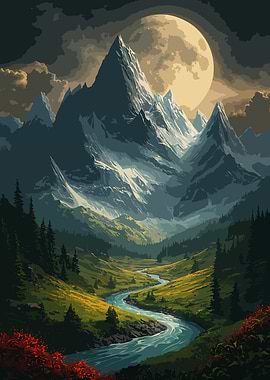 Mountain Landscape with River and Moon