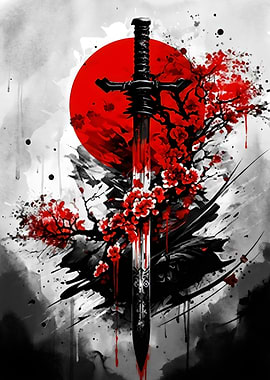 Sword, Cherry Blossoms, and Red Moon