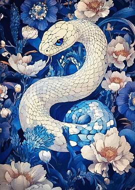 White Snake in Blue Floral Garden