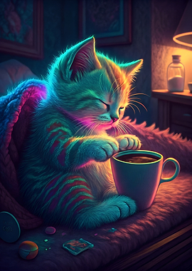 Neon Kitten with Coffee