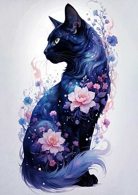 Floral Black Cat Illustration