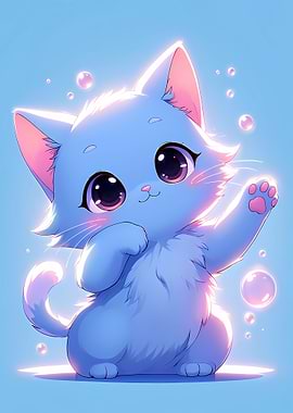 Cute Cartoon Kitten with Bubbles