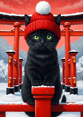 Winter Cat in Red Hat