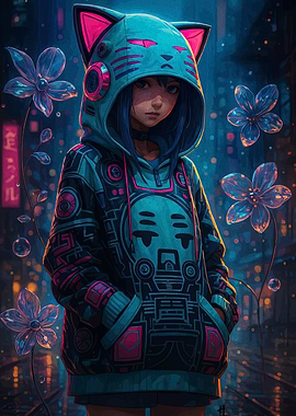 Cyberpunk Girl with Cat Hoodie
