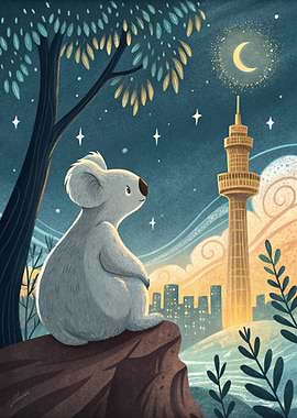 Koala Gazing at City Skyline