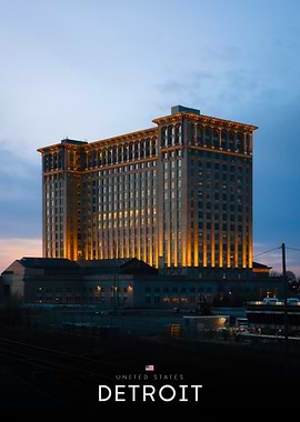 Detroit Michigan Central Station at Dusk