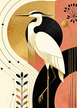 Elegant Heron Art Deco Illustration
