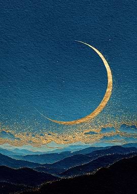Golden Crescent Moon Over Mountains