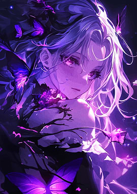 Anime Girl with Butterflies in Purple