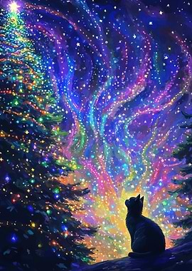 Cat Gazing at Christmas Tree Lights