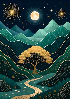 Mystical Night A Glowing Golden Tree Under Starry Fireworks Fantasy Landscape Art