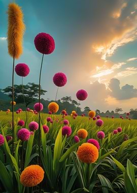 Field of Pom-Pom Flowers at Sunset
