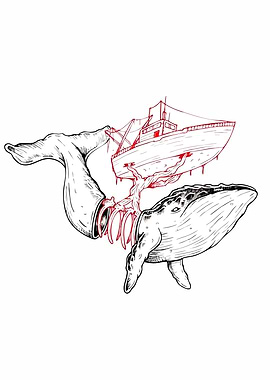Whale, Boat, and Tree Illustration