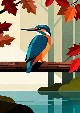 Kingfisher Bird on Branch Illustration