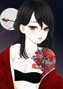 Anime Girl with Floral Tattoo