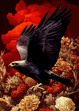 Eagle in Flight Amidst Floral Bloom