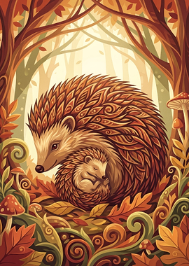 Hedgehog Family in Autumn Forest