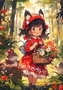 Anime Girl with Wolf Ears in Forest