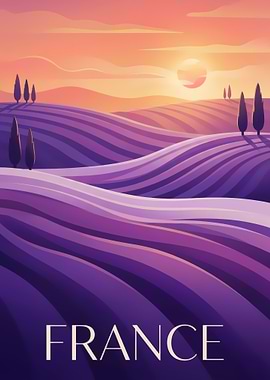 France Lavender Fields Sunset Illustration