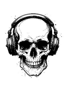 Skull with Headphones Black and White