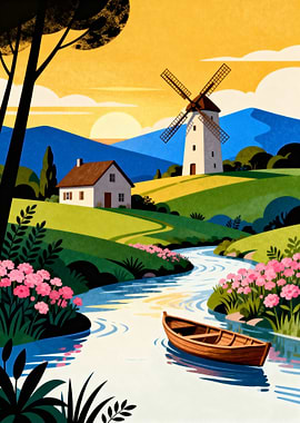 Idyllic Countryside Landscape with Windmill and River