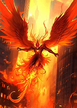 Fiery Phoenix Rising in Cityscape