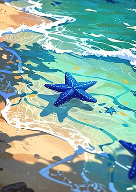 Blue Starfish on Beach Shoreline